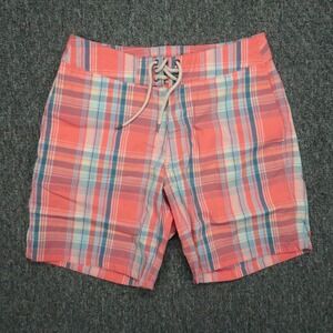 Faherty Board Shorts Mens 28 Red Blue Plaid Classic Swim Drawstring Zip Pocket